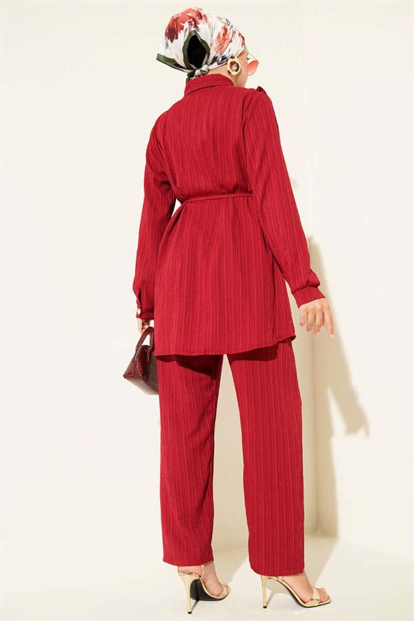 Gold Buttoned V-Neck Ruffle 2 Piece Set Burgundy