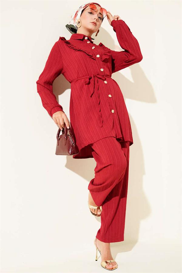 Gold Buttoned V-Neck Ruffle 2 Piece Set Burgundy