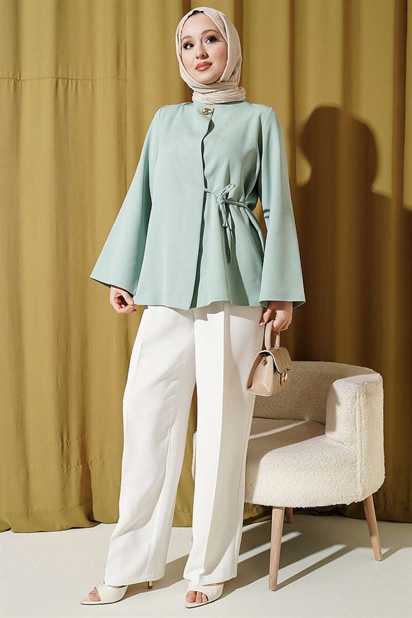 Gold Buttoned Side Tie Kimono in Aqua Green