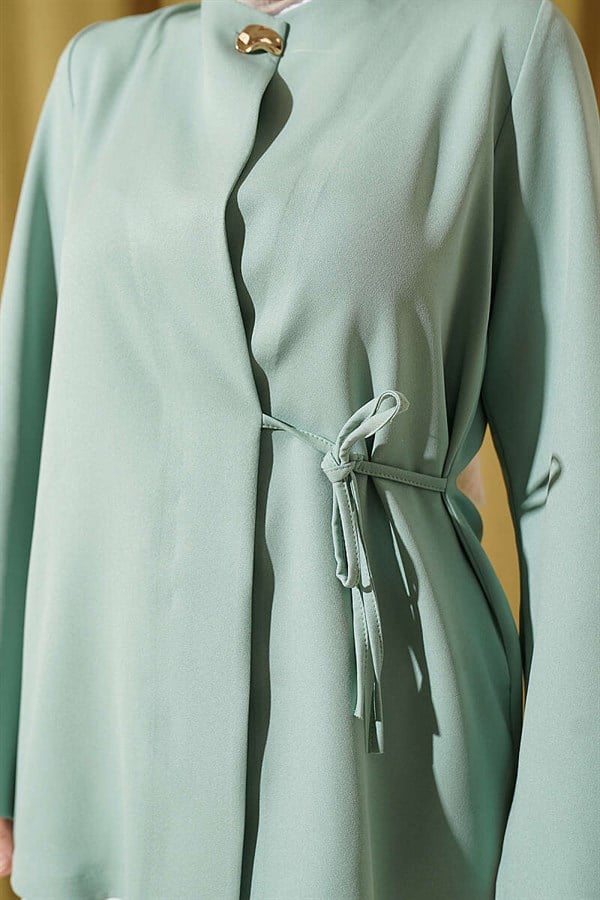 Gold Buttoned Side Tie Kimono in Aqua Green