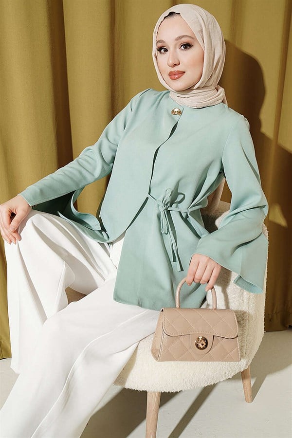 Gold Buttoned Side Tie Kimono in Aqua Green