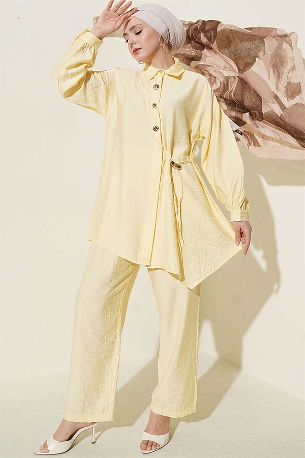 2 Piece Set with Gold Buttons and Side Laces, Yellow