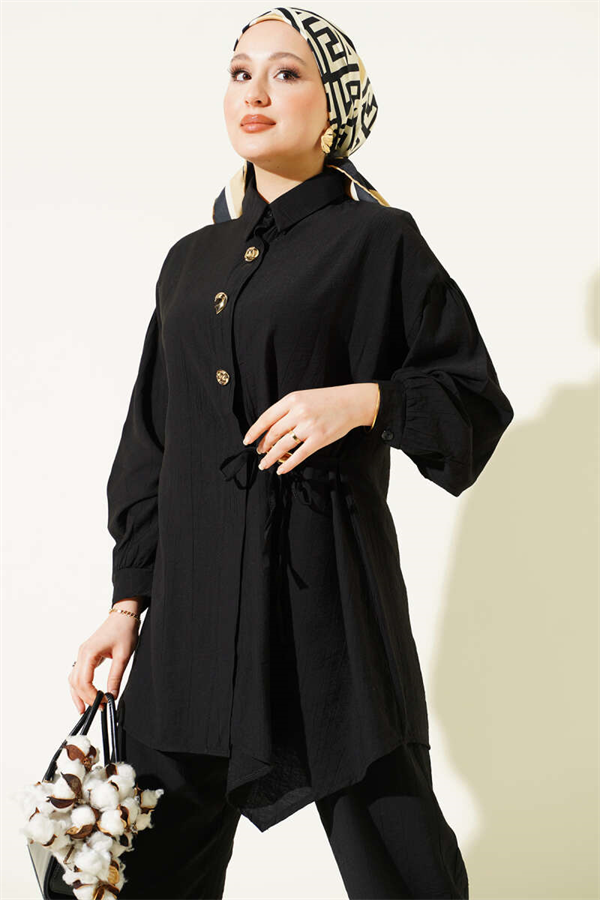 Gold Buttoned Side Tie 2 Piece Set, Black