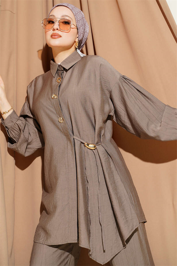 2 Piece Set with Gold Buttons and Side Tie, Mink Color
