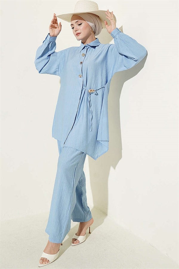 Gold Buttoned Side Lace-Up 2 Piece Set in Blue
