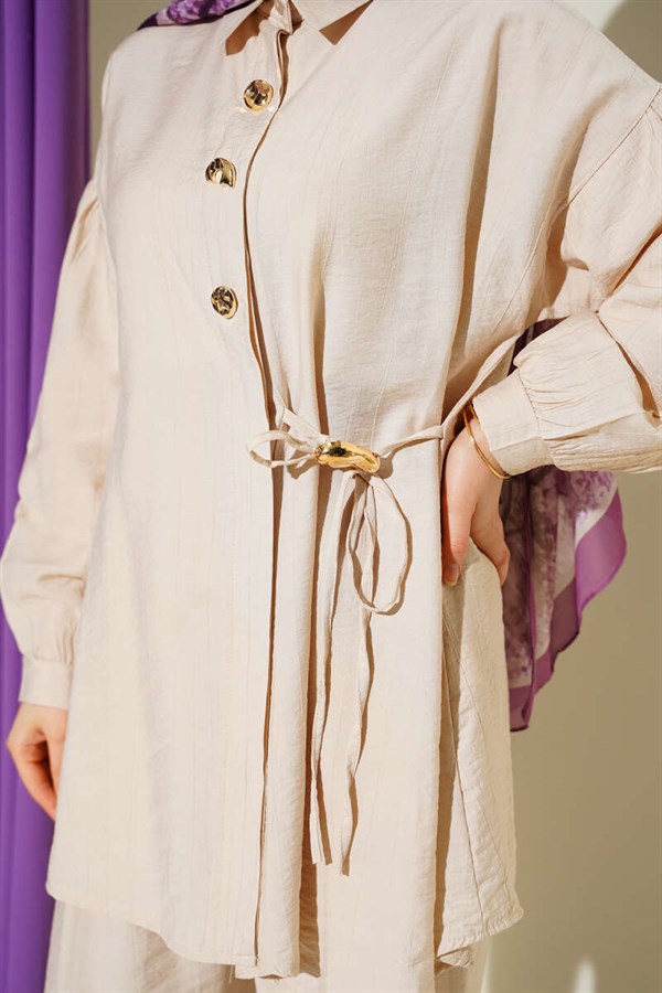Gold Buttoned Side Tie 2 Piece Set in Beige