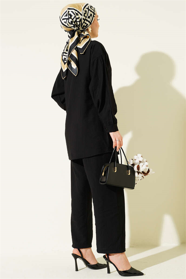 Gold Buttoned Side Tie 2 Piece Set, Black