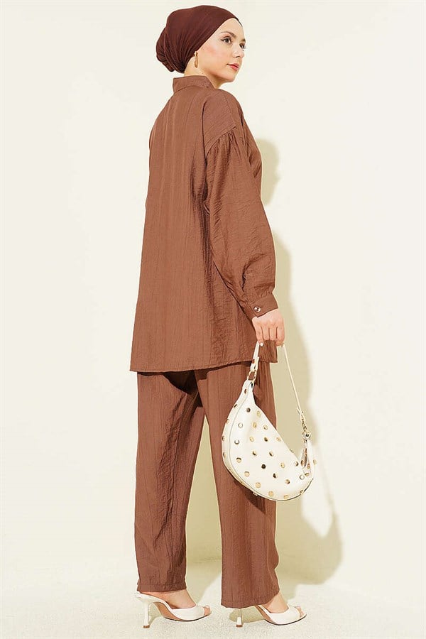 2 Piece Set with Gold Buttons and Side Tie, Tan