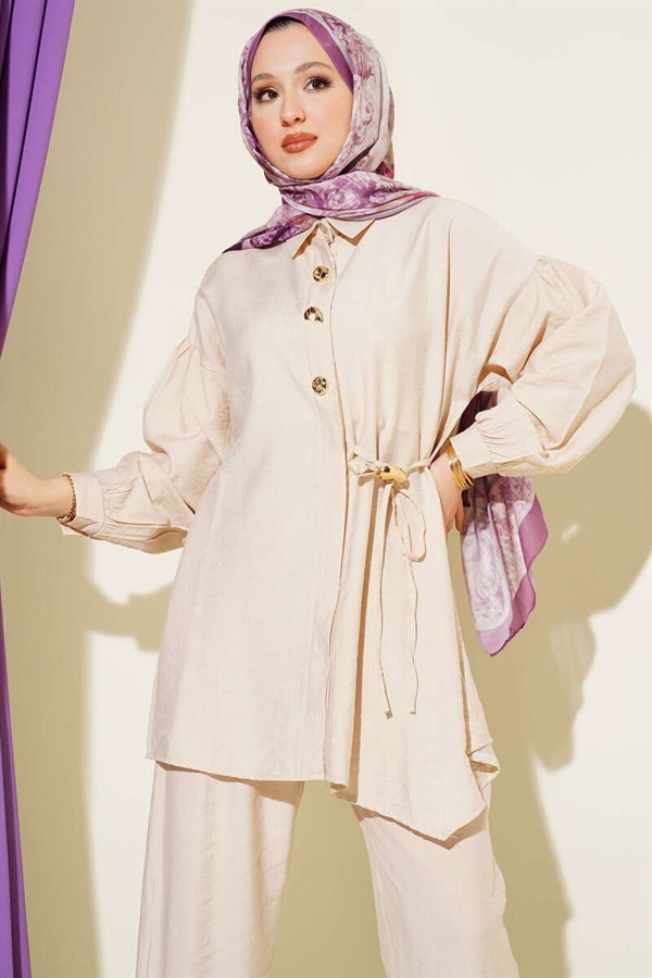 Gold Buttoned Side Tie 2 Piece Set in Beige