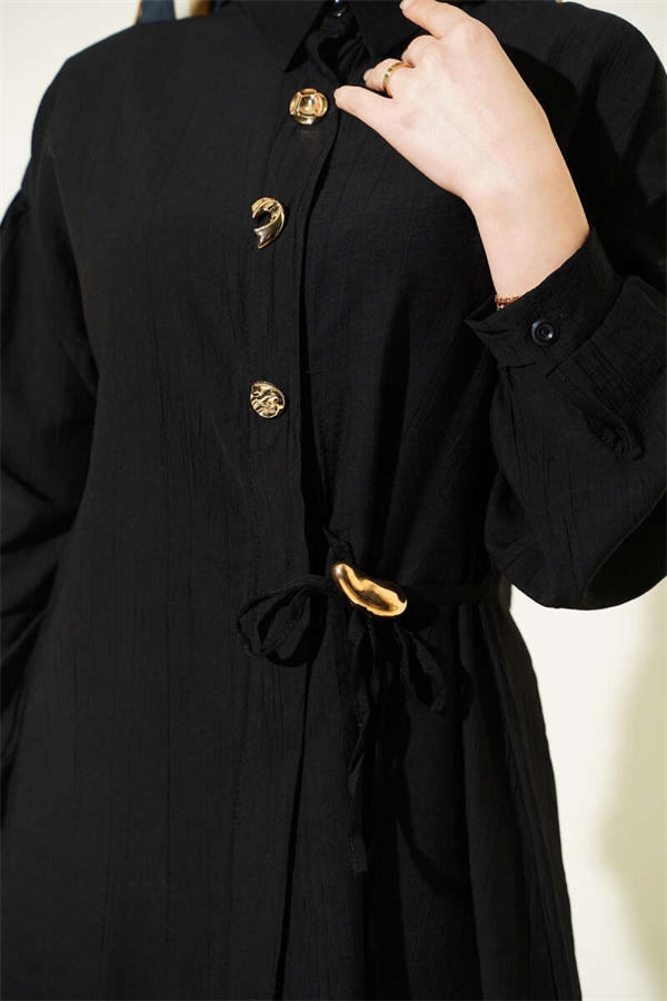 Gold Buttoned Side Tie 2 Piece Set, Black
