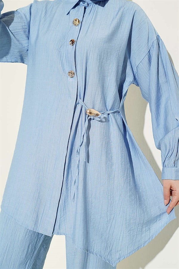 Gold Buttoned Side Lace-Up 2 Piece Set in Blue