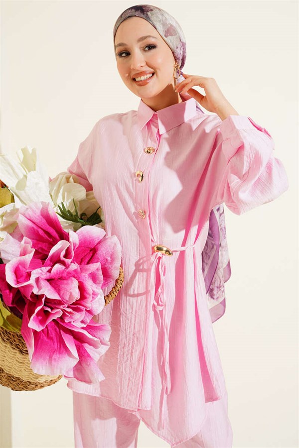 2 Piece Set with Gold Buttons and Side Laces, Pink