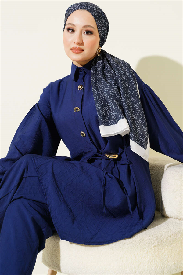 2 Piece Set with Gold Buttons and Side Laces, Navy Blue