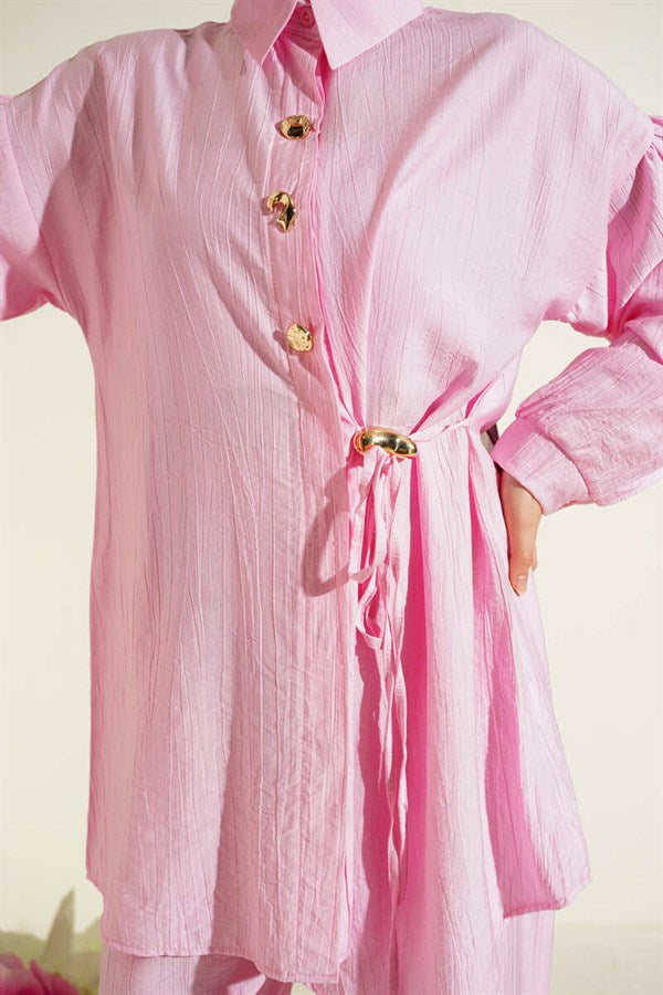 2 Piece Set with Gold Buttons and Side Laces, Pink