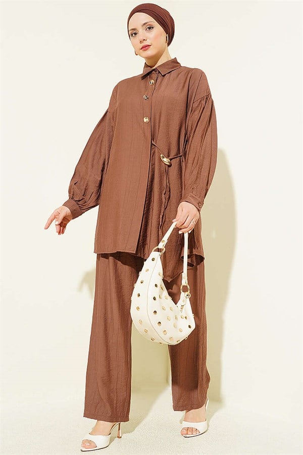 2 Piece Set with Gold Buttons and Side Tie, Tan