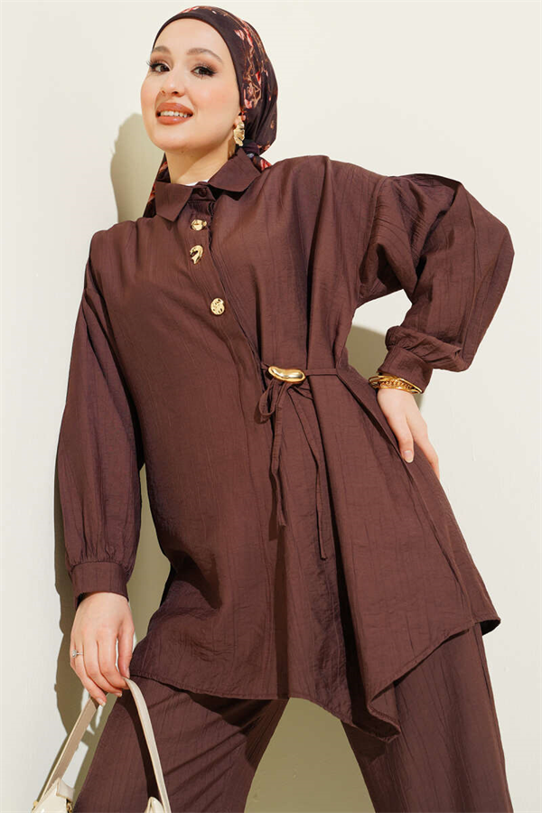 2 Piece Set with Gold Buttons and Side Laces, Coffee