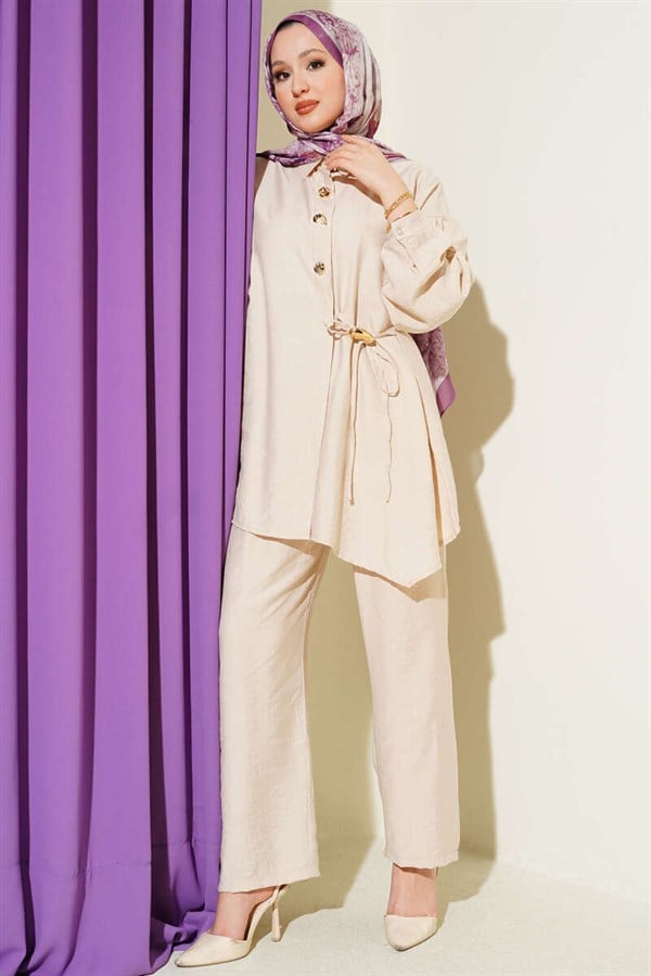 Gold Buttoned Side Tie 2 Piece Set in Beige