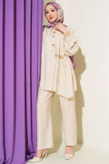 Gold Buttoned Side Tie 2 Piece Set in Beige