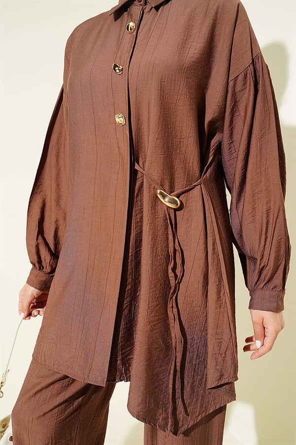 2 Piece Set with Gold Buttons and Side Tie, Tan