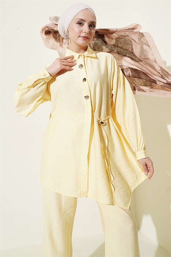 2 Piece Set with Gold Buttons and Side Laces, Yellow