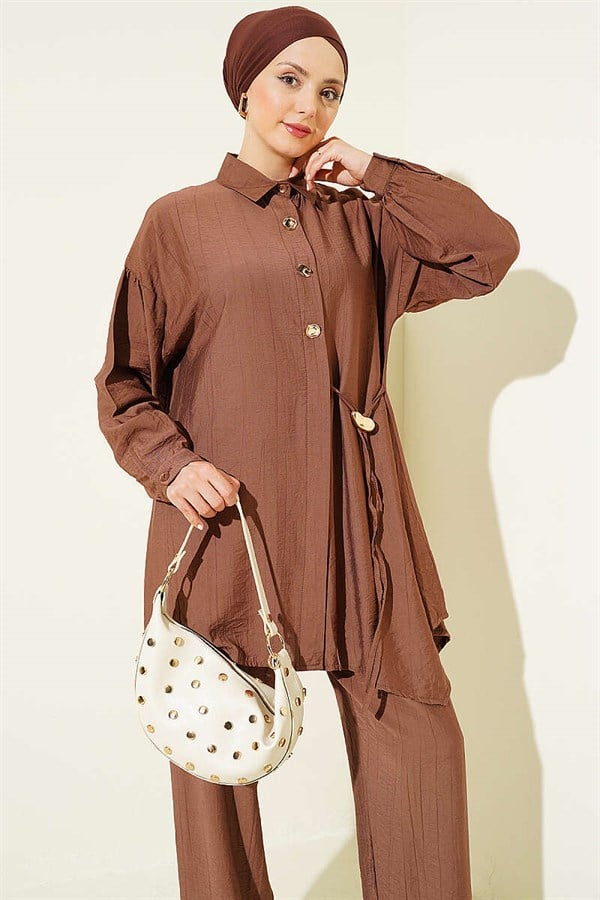 2 Piece Set with Gold Buttons and Side Tie, Tan
