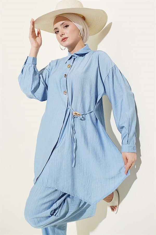 Gold Buttoned Side Lace-Up 2 Piece Set in Blue
