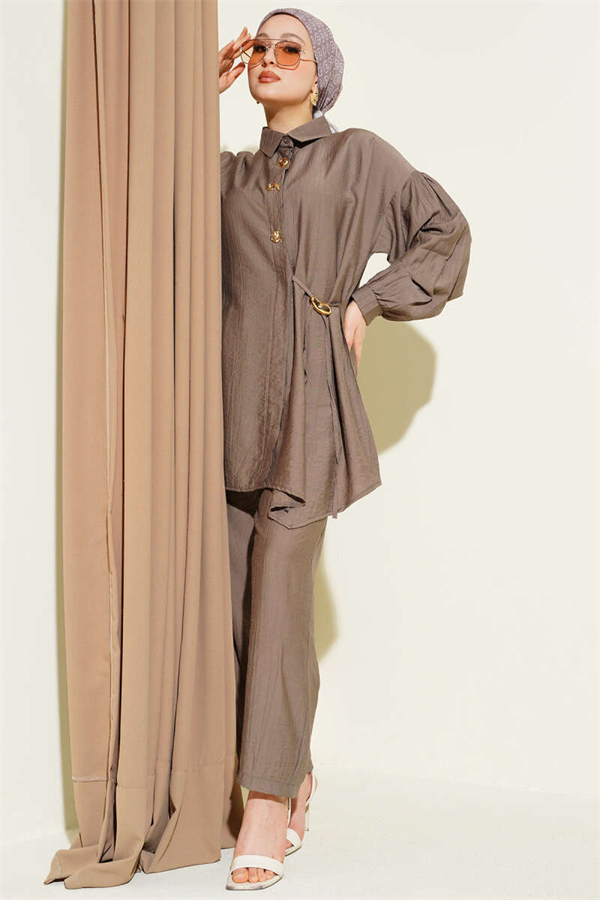 2 Piece Set with Gold Buttons and Side Tie, Mink Color