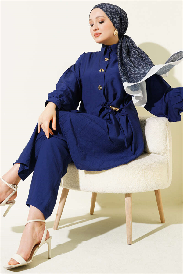 2 Piece Set with Gold Buttons and Side Laces, Navy Blue
