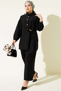Gold Buttoned Side Tie 2 Piece Set, Black
