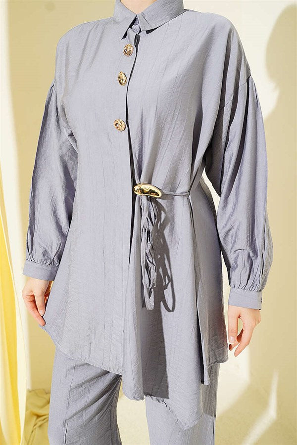 2 Piece Set with Gold Buttons and Side Drawstrings, Grey