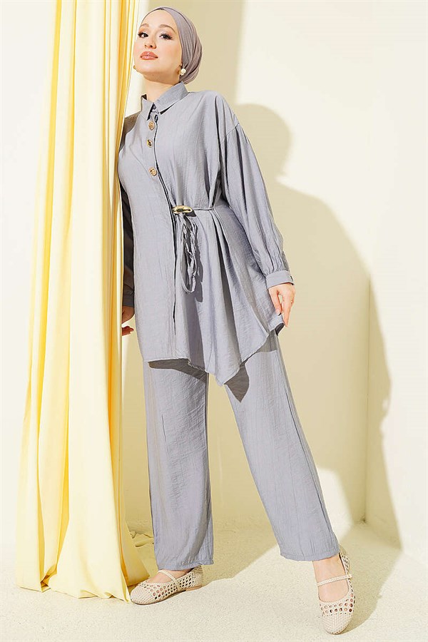 2 Piece Set with Gold Buttons and Side Drawstrings, Grey