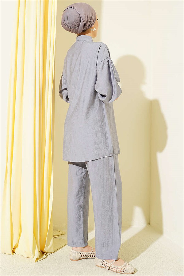 2 Piece Set with Gold Buttons and Side Drawstrings, Grey