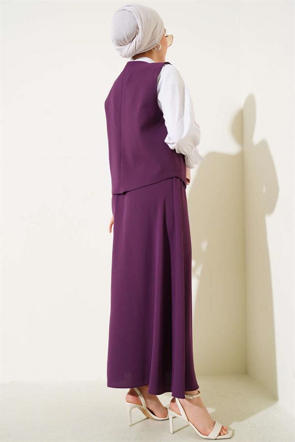 Gold Buttoned Vest Skirt 2 Piece Set Purple