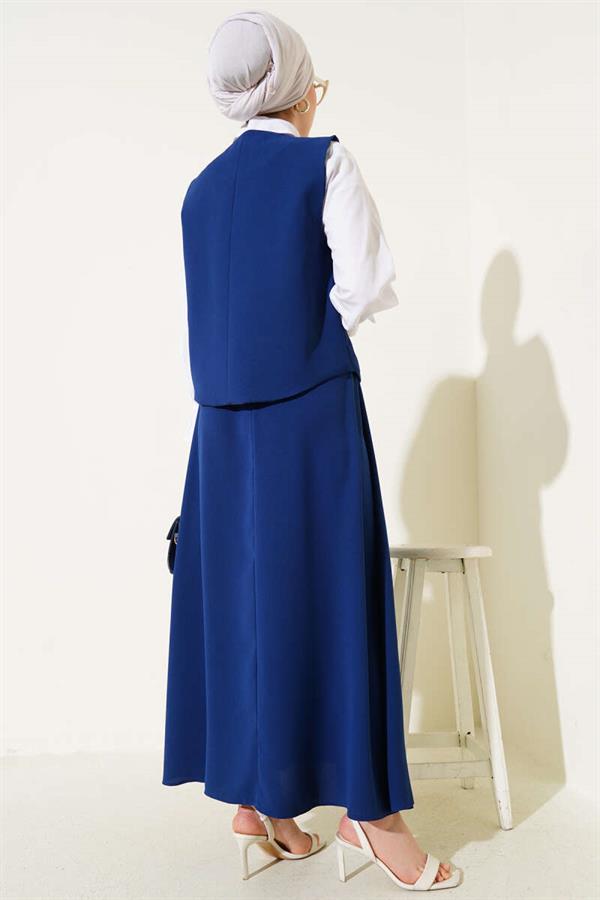 Gold Buttoned Vest and Skirt 2 Piece Set Navy Blue