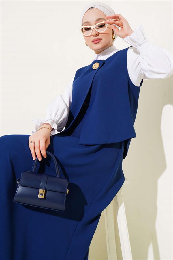 Gold Buttoned Vest and Skirt 2 Piece Set Navy Blue