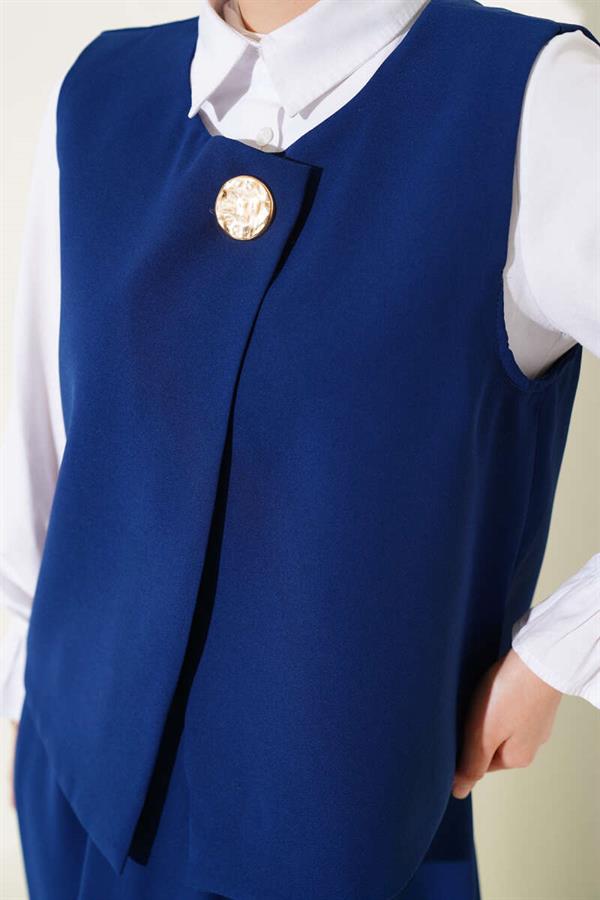 Gold Buttoned Vest and Skirt 2 Piece Set Navy Blue