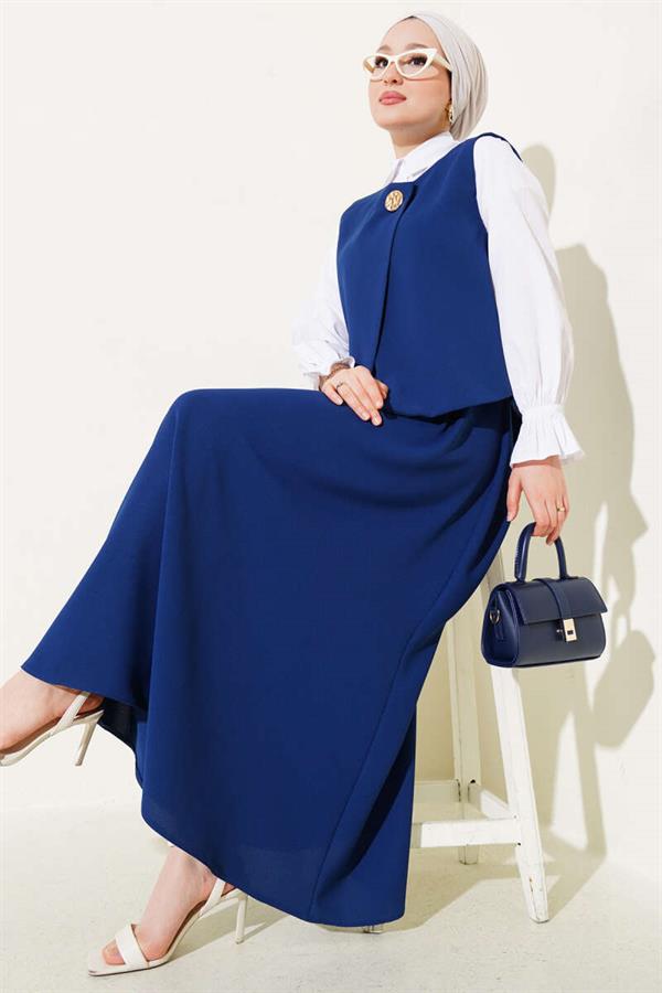 Gold Buttoned Vest and Skirt 2 Piece Set Navy Blue