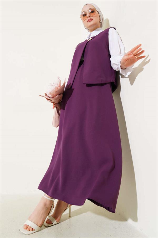 Gold Buttoned Vest Skirt 2 Piece Set Purple