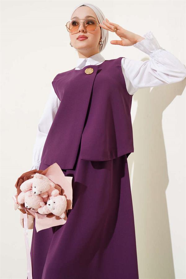 Gold Buttoned Vest Skirt 2 Piece Set Purple