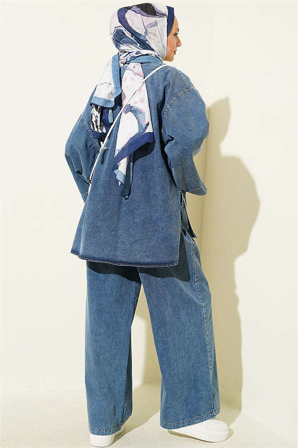 Gold Single Button 2 Piece Set Denim Blue