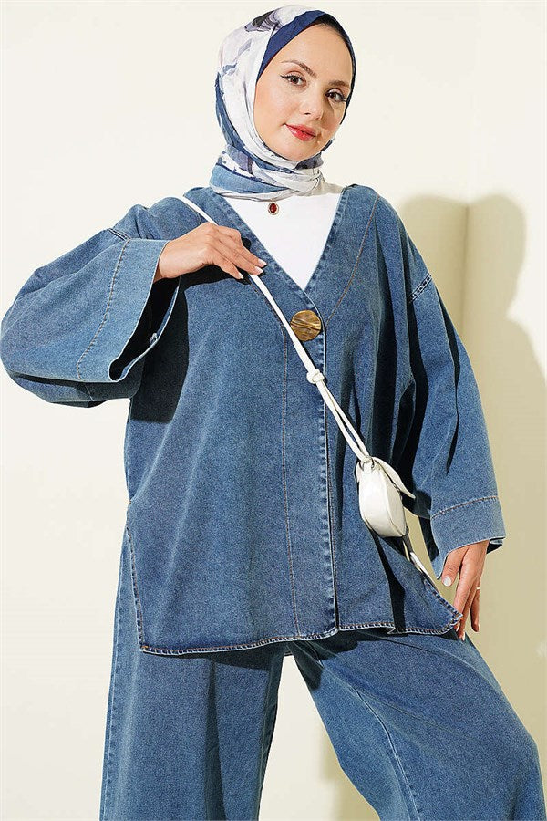 Gold Single Button 2 Piece Set Denim Blue