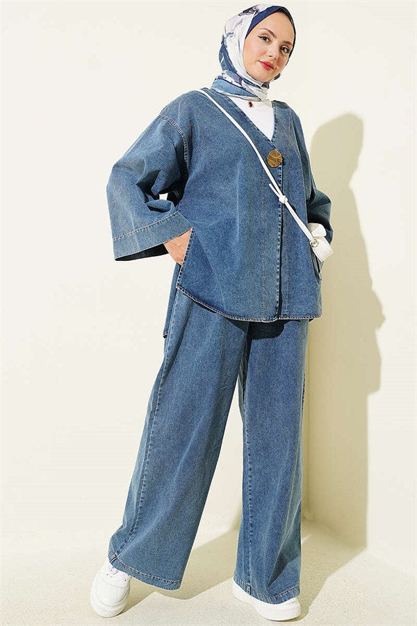 Gold Single Button 2 Piece Set Denim Blue