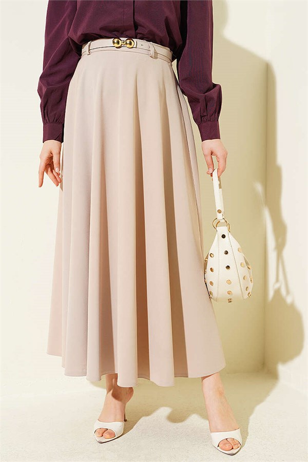 Gold Buckle Belted Mevlana Skirt Beige