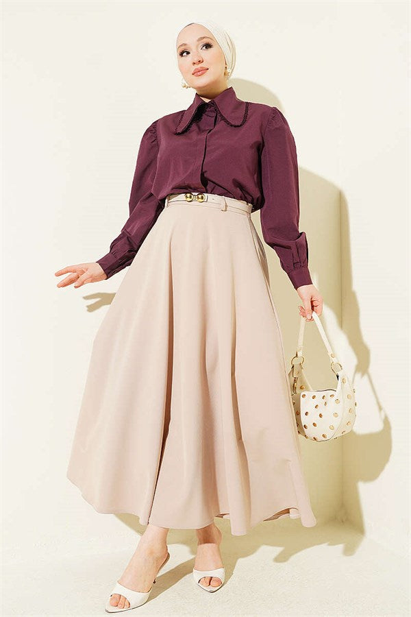Gold Buckle Belted Mevlana Skirt Beige