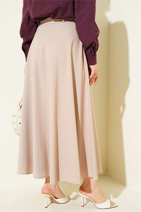 Gold Buckle Belted Mevlana Skirt Beige