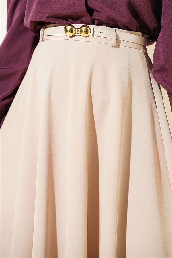 Gold Buckle Belted Mevlana Skirt Beige