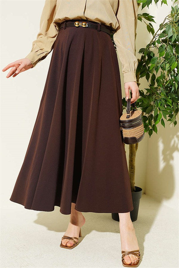 Gold Buckle Belted Mevlana Skirt, Brown