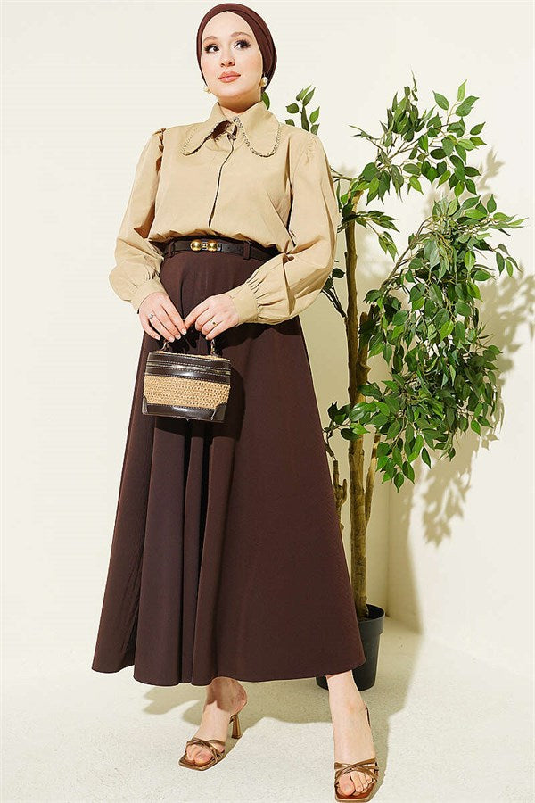 Gold Buckle Belted Mevlana Skirt, Brown