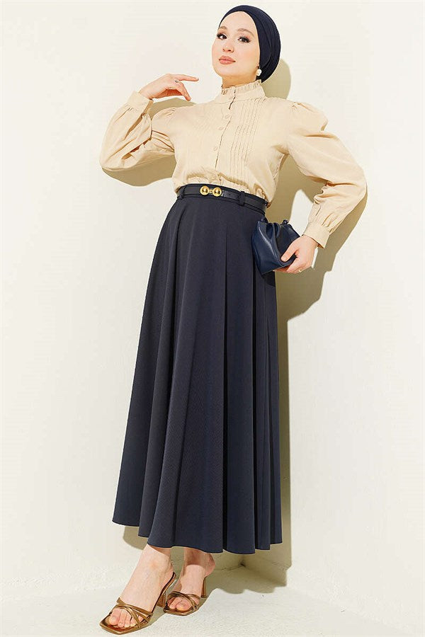 Mevlana Skirt with Gold Buckle Belt, Navy Blue