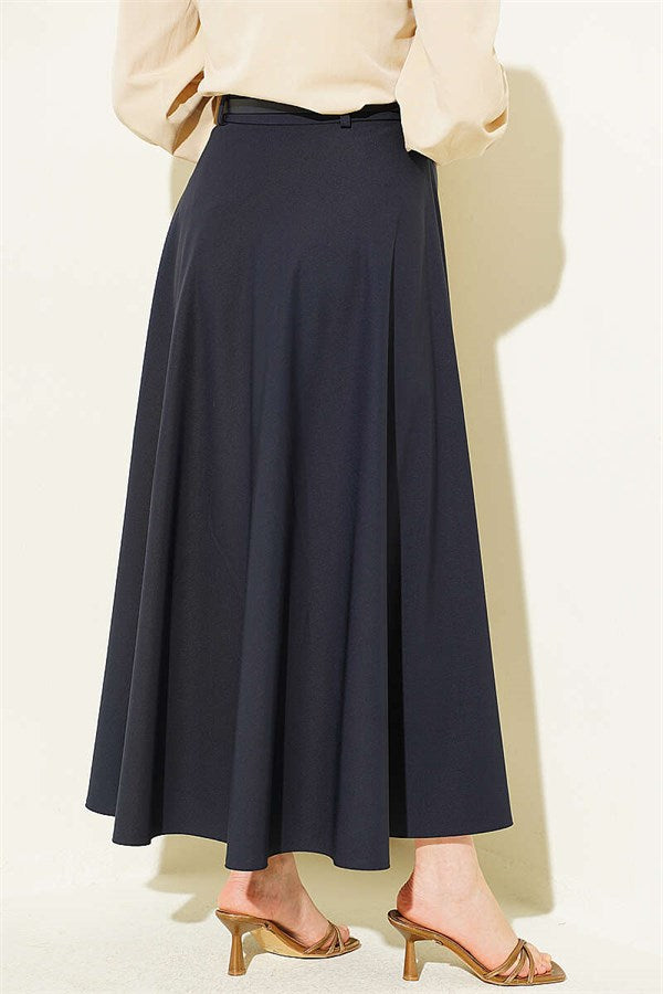 Mevlana Skirt with Gold Buckle Belt, Navy Blue